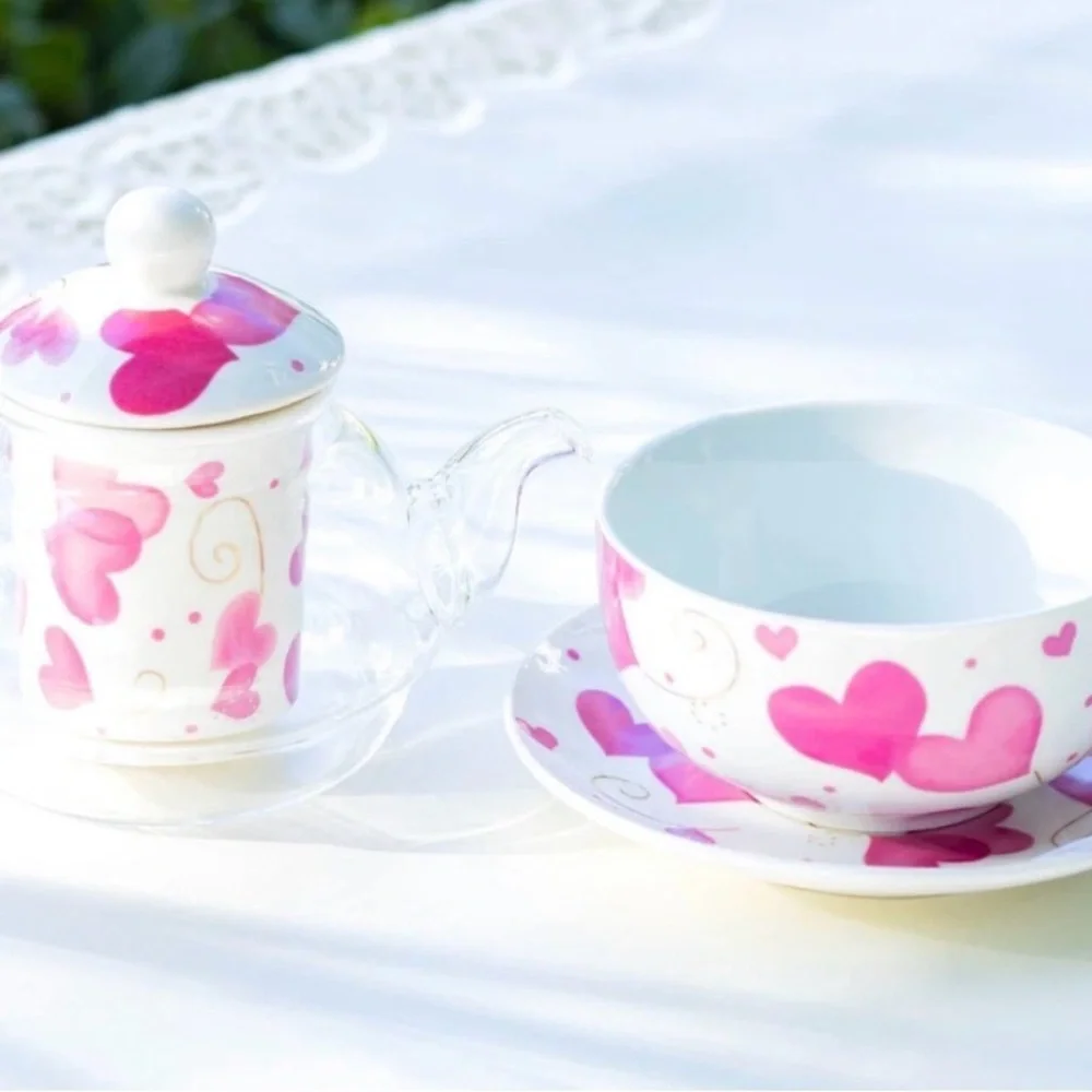 Grace’s Teaware Pink Hearts Glass and Fine Porcelain Tea For One Set - Picture 4 of 7